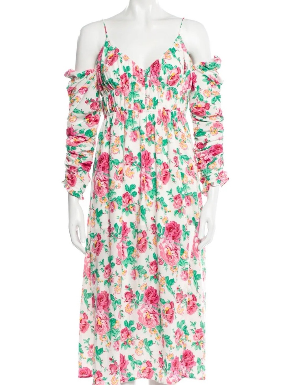 For Love & Lemons White Floral Off-Shoulder Maxi Dress with Pink Roses